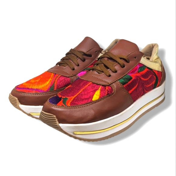 Hikal Bolom Shoes - Floral Crochet Multicolor Gold Accent Fashion Sneakers Women's Size 7